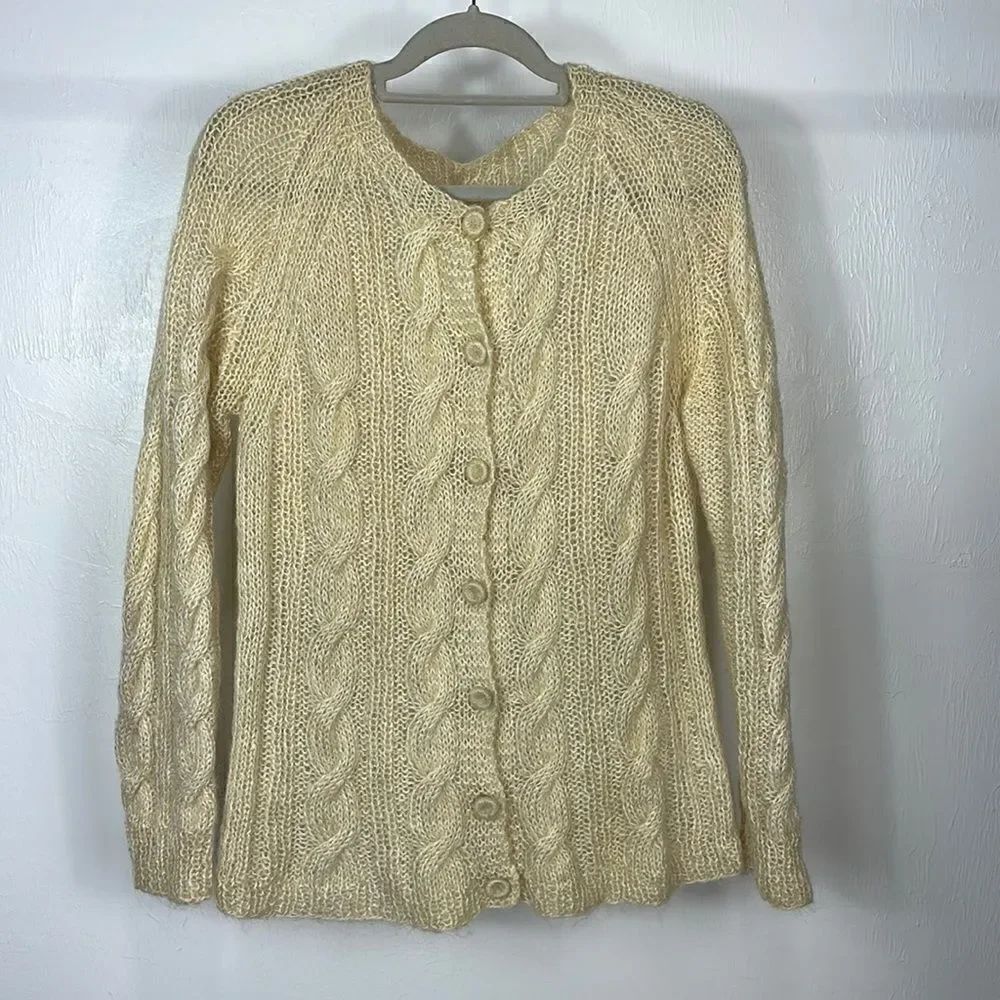 Hand Cable Knit Ivory Color Button Front Cardigan Sweater Size M